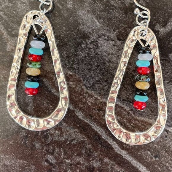 Silvertone Hammered Teardrop Earrings With Multicolor Synthetic Gem Beads 2" L - Picture 2 of 5